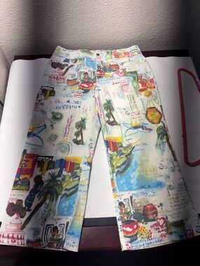 Chico's White Multi-Color Printed Wide-Leg Pants